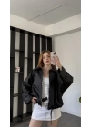 Siyah Jenna Kemerli Bomber Deri Ceket