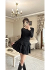 Siyah Kat Kat Volanlı Mini Elbise