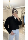 Siyah Kruvaze Düğmeli Kısa Trençkot