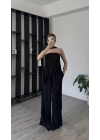 Siyah Lina Şal Detaylı Asimetrik Straplez Takım