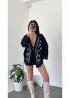 Siyah Lisa Nakış İşlemeli Kimono