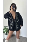 Siyah Lisa Nakış İşlemeli Kimono