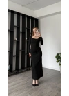Siyah Luis Kare Yaka Basic Uzun Elbise