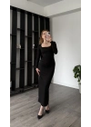 Siyah Luis Kare Yaka Basic Uzun Elbise