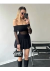 Siyah Madonna Yakalı Tül Bodysuit
