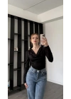 Siyah Mendy Degaje Yaka Büzgülü Bluz