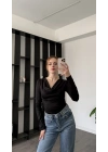 Siyah Mendy Degaje Yaka Büzgülü Bluz