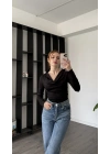 Siyah Mendy Degaje Yaka Büzgülü Bluz