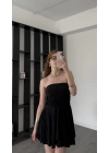Siyah Meris Volanlı Straplez Elbise