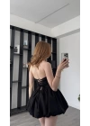 Siyah Perla Bağcık Sırtlı Balon Etekli Straplez Elbise