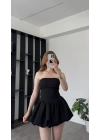 Siyah Perla Bağcık Sırtlı Balon Etekli Straplez Elbise