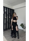 Siyah Pinna Fırfır Yırtmaçlı Etek