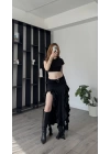 Siyah Pinna Fırfır Yırtmaçlı Etek