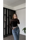 Siyah Rosa Tül Detay Düğüm Bluz