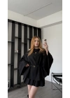 Siyah Rozy Kemerli Kaşe Panço