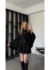 Siyah Rozy Kemerli Kaşe Panço