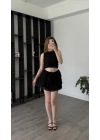 Siyah Ruby Kolsuz Bluz Etek Güpürlü Takım
