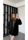 Siyah Sane Kapüşonlu Oversize Hırka