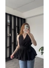 Siyah Senna Kuşaklı Volanlı Bluz