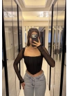 Siyah Tül Kollu Korse Bluz