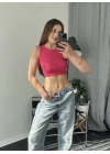 Pembe Halter Yaka Crop Fitilli Büstiyer