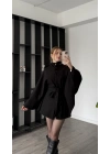 Siyah Venna Kuşaklı Kaşe Panço Kaban