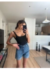 Taşlı Kot Şort Koyu Mavi
