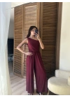 Tek Omuz Detaylı Drapeli Tulum Bordo