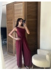 Tek Omuz Detaylı Drapeli Tulum Bordo