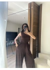 Tek Omuz Detaylı Drapeli Tulum Kahverengi