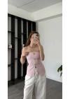 Toz Pembe Elsa Broşlu Straplez Bluz