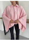 Yakalı Düğme Detaylı Triko Panço Kazak Pembe