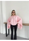 Yakalı Düğme Detaylı Triko Panço Kazak Pembe