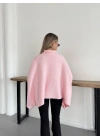 Yakalı Düğme Detaylı Triko Panço Kazak Pembe