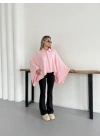 Yakalı Düğme Detaylı Triko Panço Kazak Pembe
