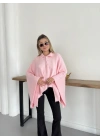 Yakalı Düğme Detaylı Triko Panço Kazak Pembe