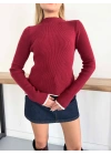 Yarım Balıkçı Yaka Fitilli Triko Bluz Bordo