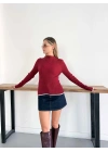 Yarım Balıkçı Yaka Fitilli Triko Bluz Bordo