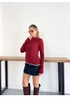 Yarım Balıkçı Yaka Fitilli Triko Bluz Bordo