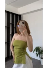 Yeşil Belinda Yırtmaçlı Straplez Bluz