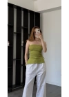 Yeşil Belinda Yırtmaçlı Straplez Bluz