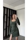 Yeşil Juliet Volan Kollu Bağcık Sırtlı Elbise