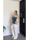 Yeşil Yandan Yırtmaçlı Straplez Bluz
