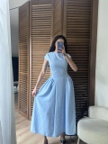 Bel Büzgü Detaylı Maxi Elbise Mavi