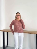Bisiklet Yaka Ajurlu Triko Hırka Gül Kurusu