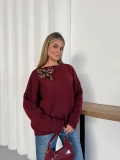 Leopar Fular Detaylı Triko Kazak Bordo