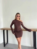 Asimetrik Büzgü Detay Sandy Elbise Kahve