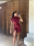 Saten Yırtmaçlı Dantelli Elbise Bordo