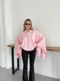 Yakalı Düğme Detaylı Triko Panço Kazak Pembe