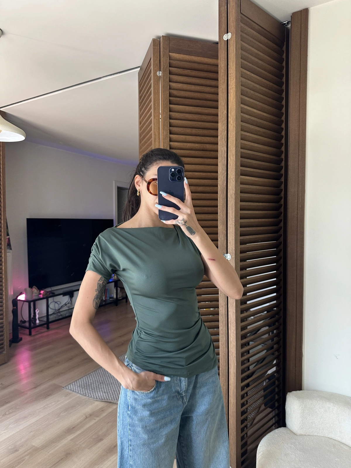 Asimetrik Kesim Tek Omuz Bluz Yeşil